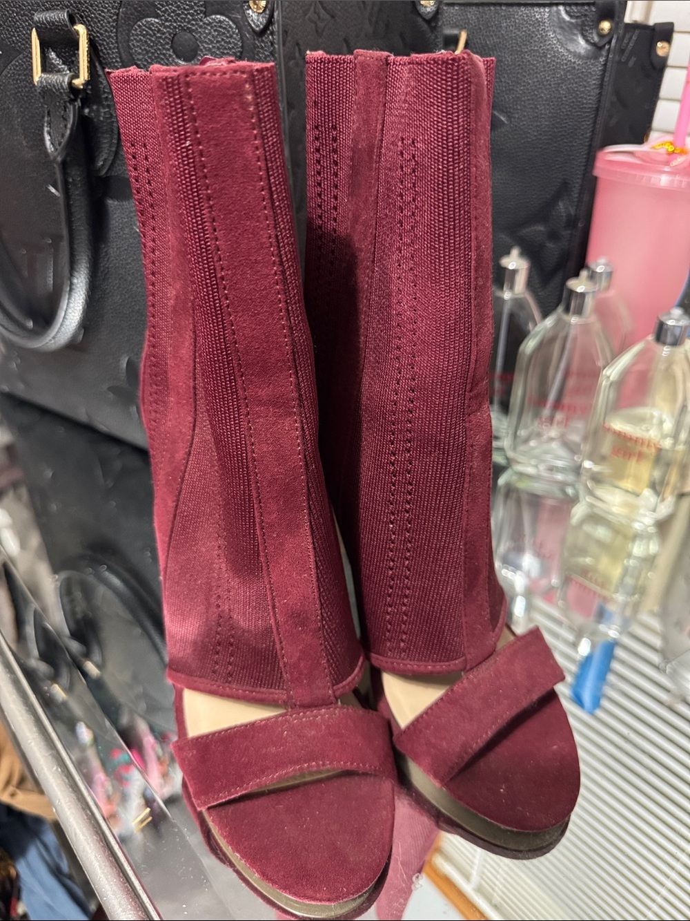 Burgundy Stretch Sock Heeled Ankle Boots